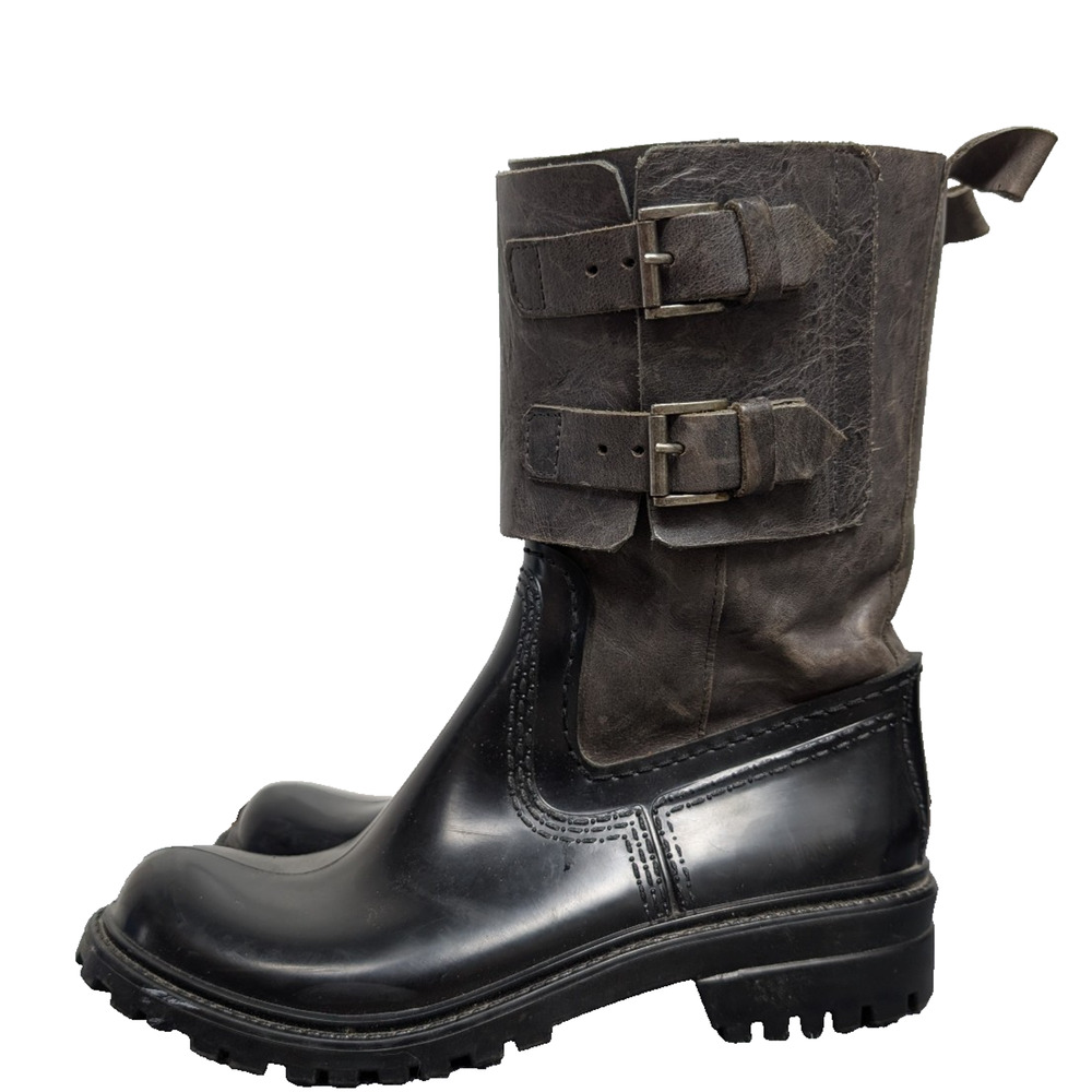 Furla Boots Womens EU37 US 7 Biker Moto Rain Double Buckle Grunge Utility Y2K